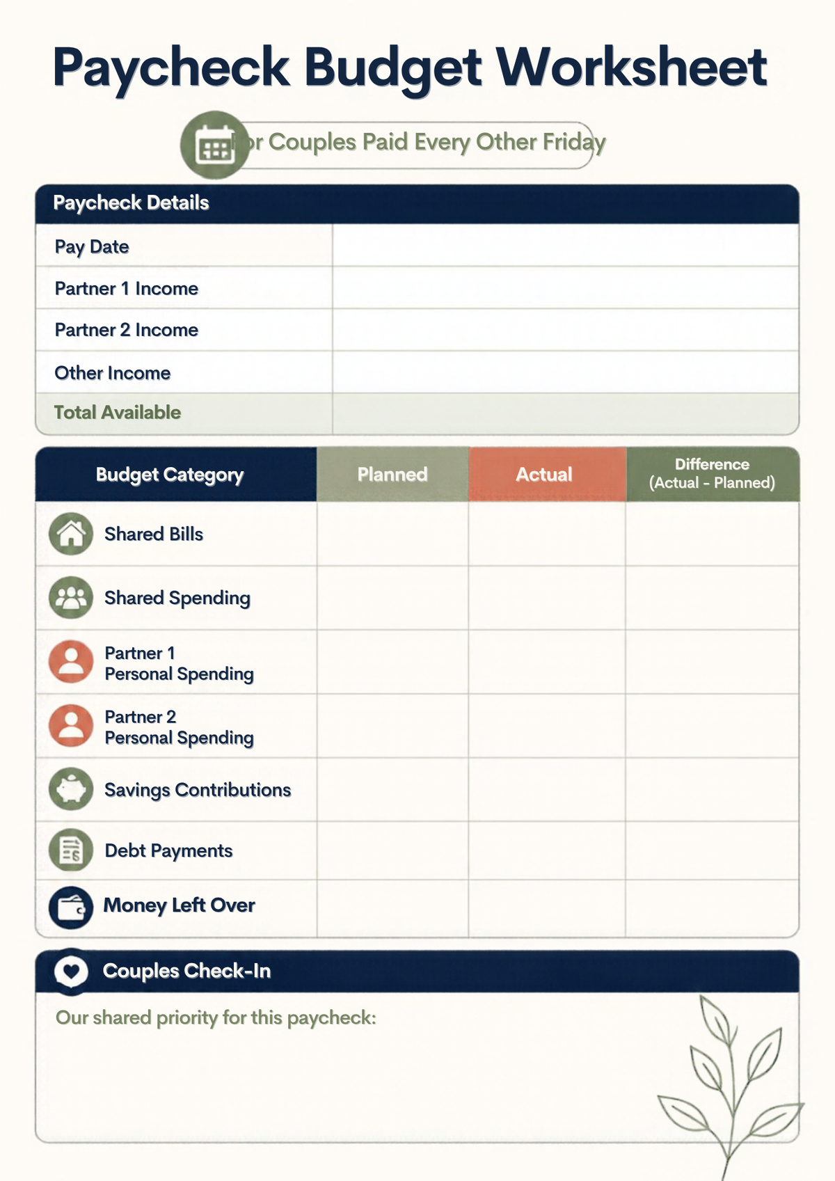 Biweekly Budget Planner for Couples | Every-Other-Friday Paydays