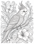 Cockatiel & Tropical Flowers Coloring Page | Printable PDF