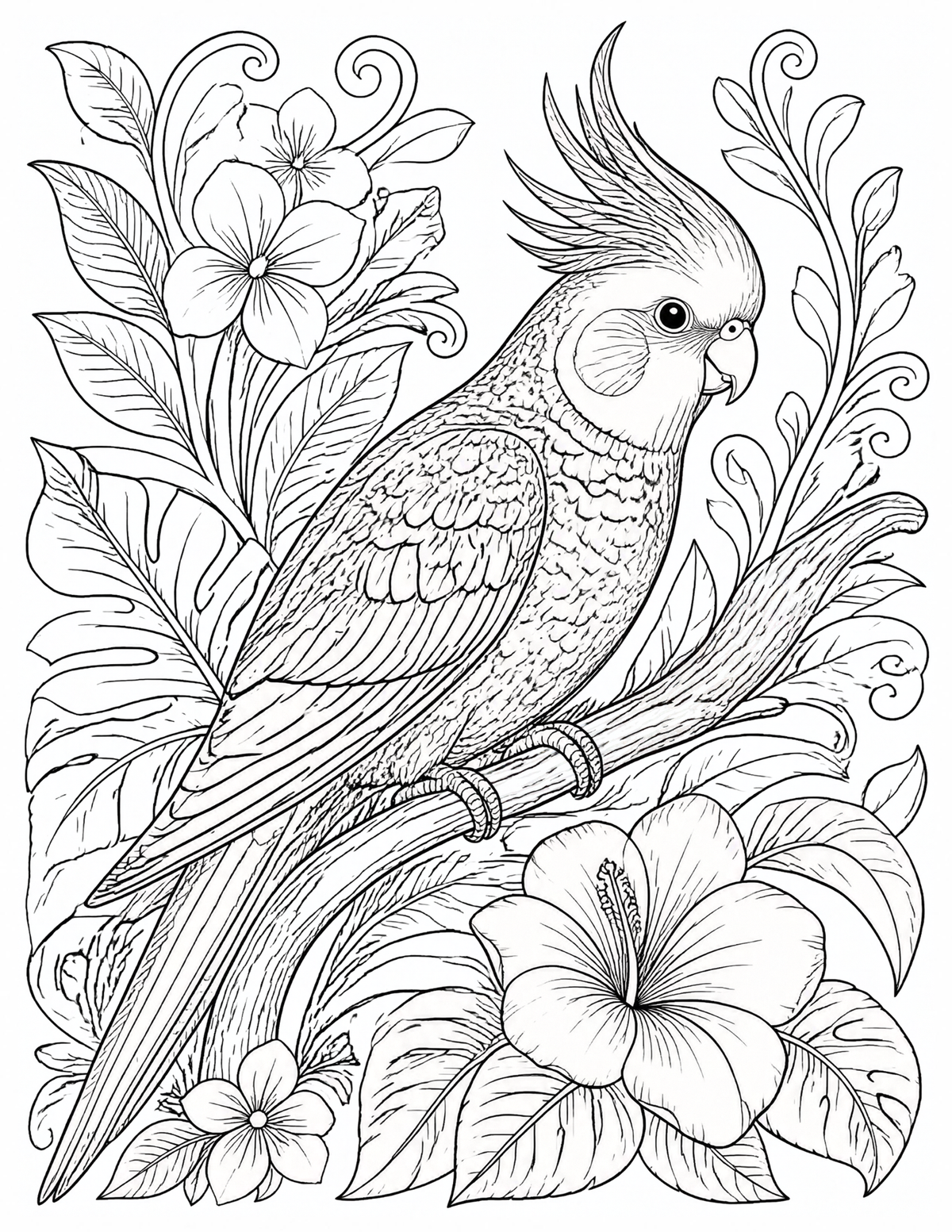 Cockatiel & Tropical Flowers Coloring Page | Printable PDF