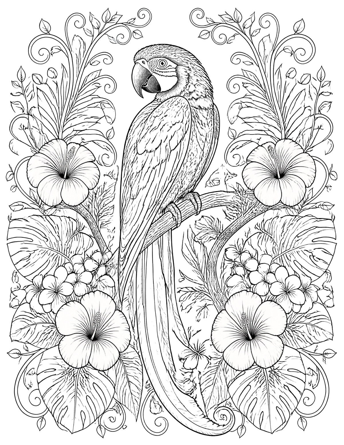 Tropical Macaw Garden Coloring Page | Printable PDF