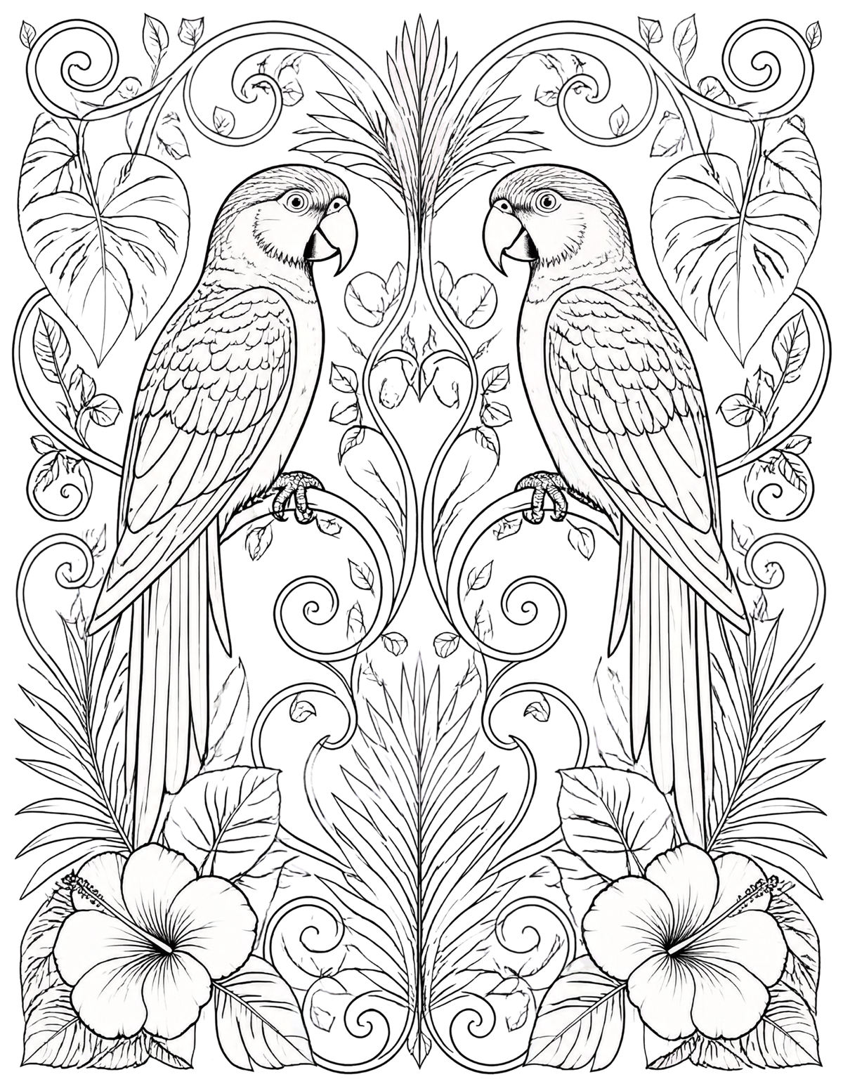 Tropical Duet: Two Parrots Coloring Page | Printable PDF