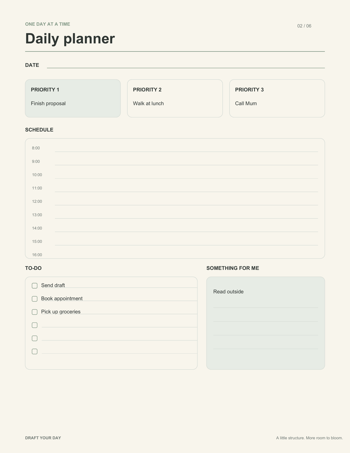 Filled-in Draft Your Day daily planner example showing priorities, tasks and a self-care activity.