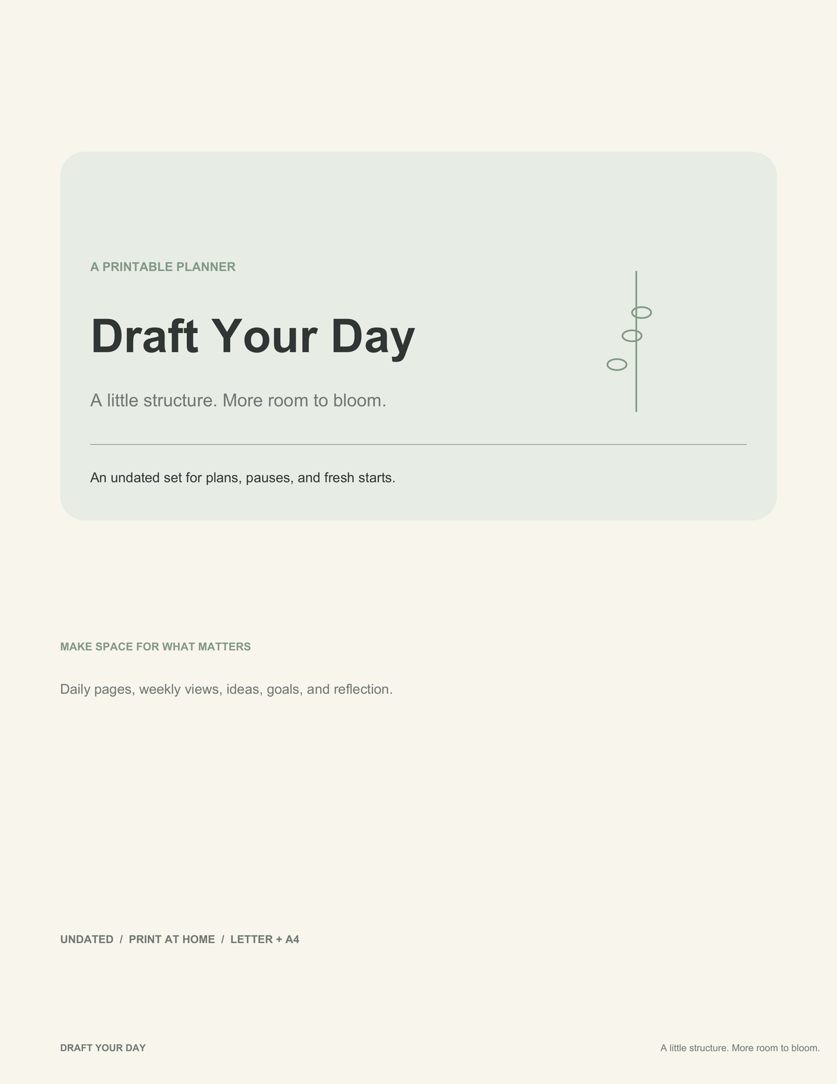 Draft Your Day printable planner cover with a pale green panel on a cream background.
