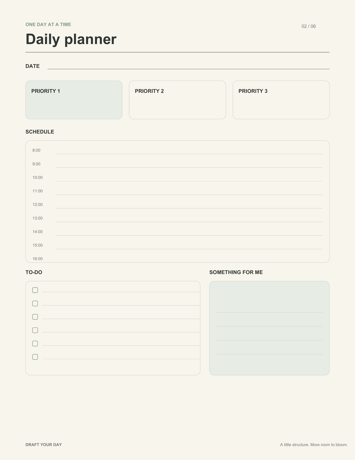 Blank Draft Your Day daily planner with three priorities, hourly schedule, to-do list and space for self-care.